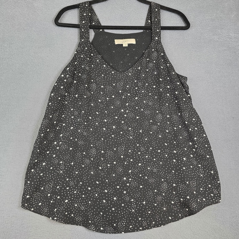LOFT Tank Top Women M Black Celestial Star Print V-Neck Sleeveless Blouse